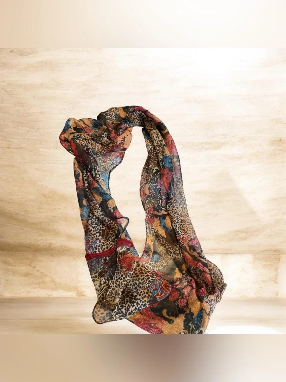 Lightweight Leopard & Floral Patchwork Oblong Scarf. Boho Chic Wrap